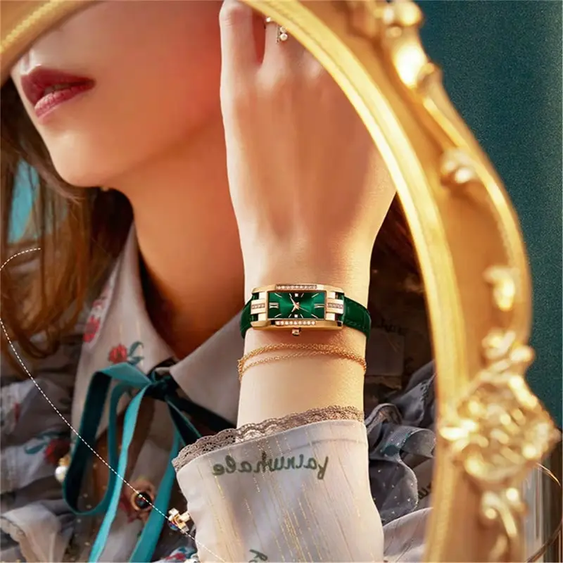 Womens Watches Fashion Square Ladies Quartz Watch Bracelet Set Green Dial Simple Leather Luxury Women Watches