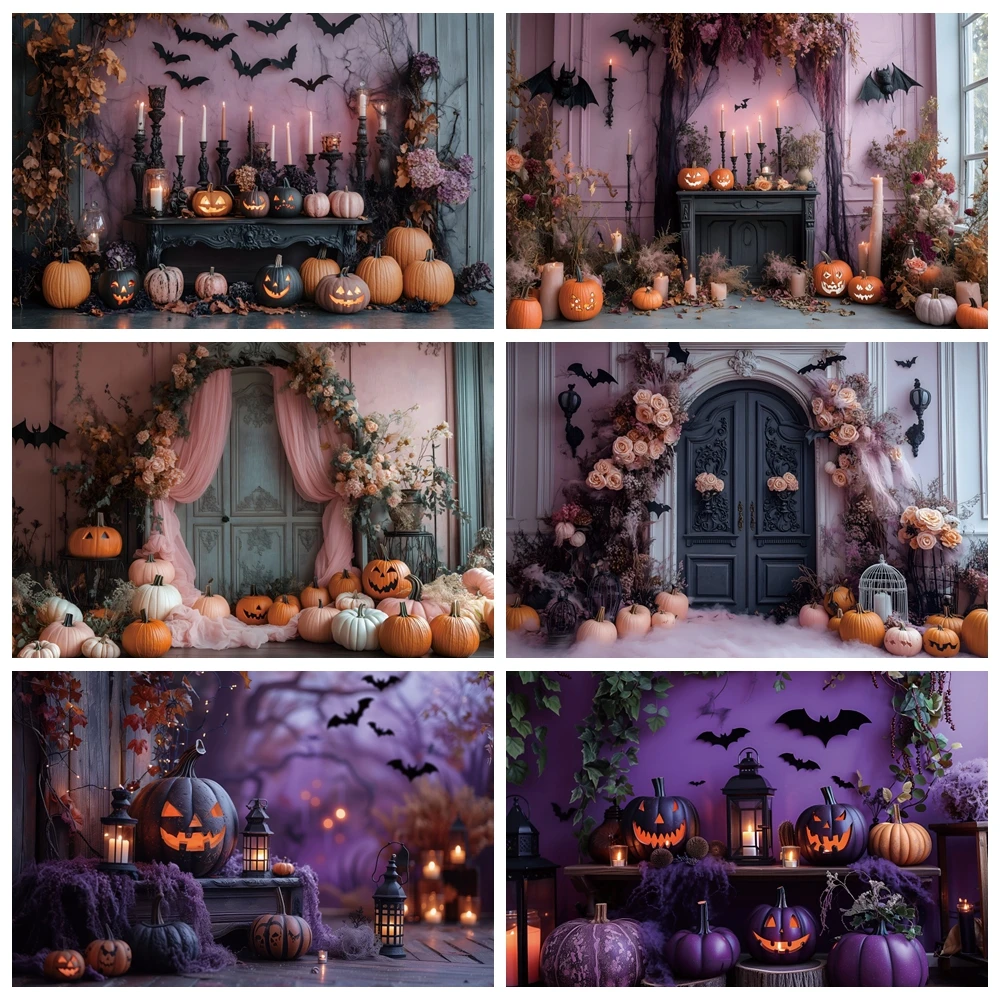 

Happy Halloween Backdrops Photography Spooky Ghost Pumpkin Lantern Halloween Bat Decoration Backgrounds Pink Banner Props