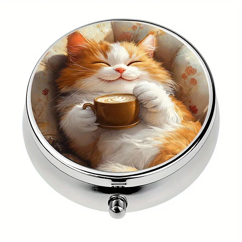 1-Pack Three-Compartment Cute Cat Coffee-Themed Mini Pill Box, Pill Storage Box, Portable Pill Case, Can Be Placed in Pocket or Wallet