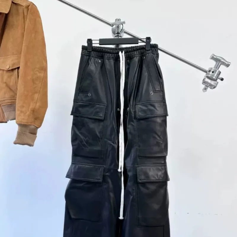 HKSH Spring Autumn Winter New Men Tide Punk Dark Trend Multi-Pocket Flared Sheep Real Leather Cargo Pants Zipper Chic Ins HK8011