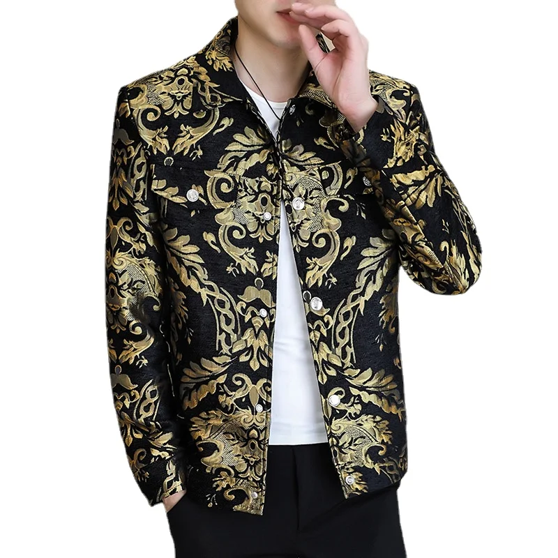 Men New Jacquard Jacket Gold / Green Fashion Male Business Banquet Casual Lapel Coat