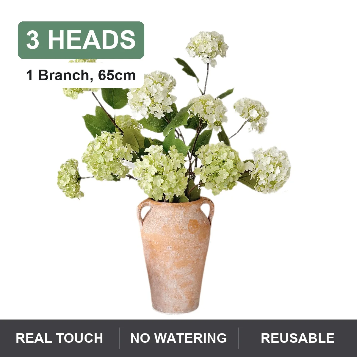 Artificial Hydrangea Branch 65cm Faux Silk 3 Heads Real Touch White Green Pink Blue Purple Flowers for Home Wedding Vase Decor