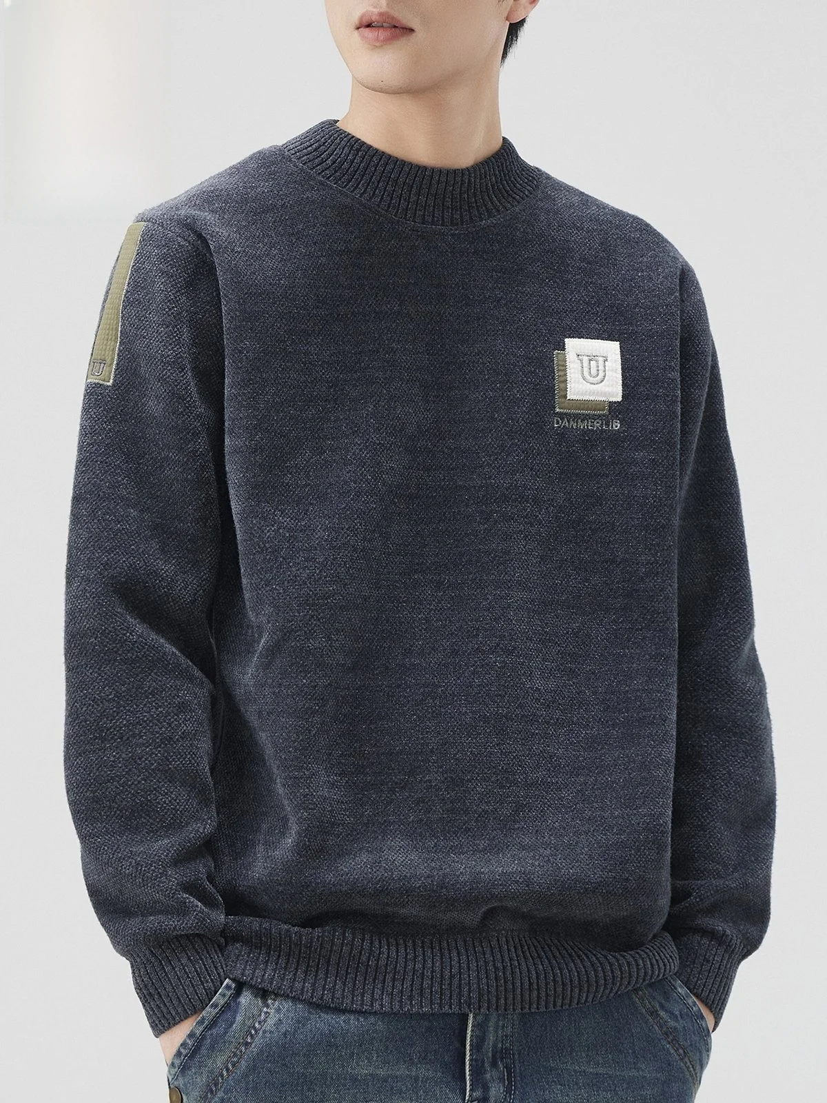 

Мужской повседневный трикотажный свитер с флисовой подкладкой, модный теплый топ для осени и зимы, с круглым вырезом, длинными рукавами, из смеси полиэстера и спандекса