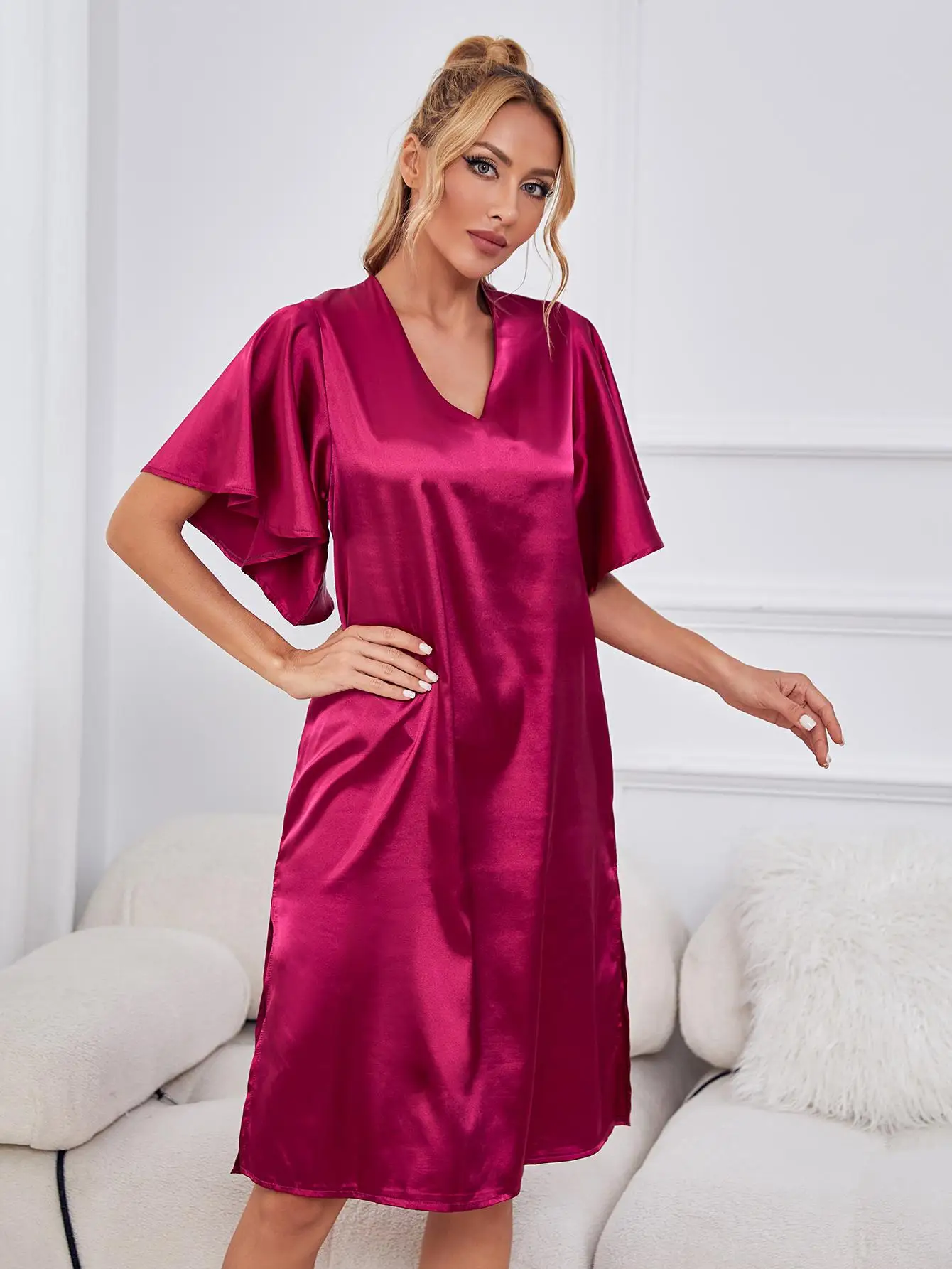 Women Nightgown Summer Night Dress Silk Satin Sexy Sleepwear Loose Casual Home Wear Nightwear Ruffle Sleeve Side Split Pajamas