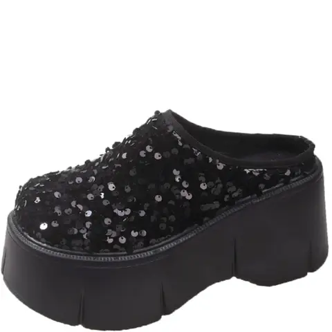 여성용 겨울 두꺼운 플리스 안감 클로그 신발 실내외 슬리퍼 편안한 면 슬리퍼 따뜻한 홈 슈즈 11 여성용 블링 플랫폼 슬리퍼, 청키 하이힐 샌들, 편안한 로마 스타일, 라운드 토 슬라이드 뮬 슈즈, 여름 패션, 8.5cm, 신상