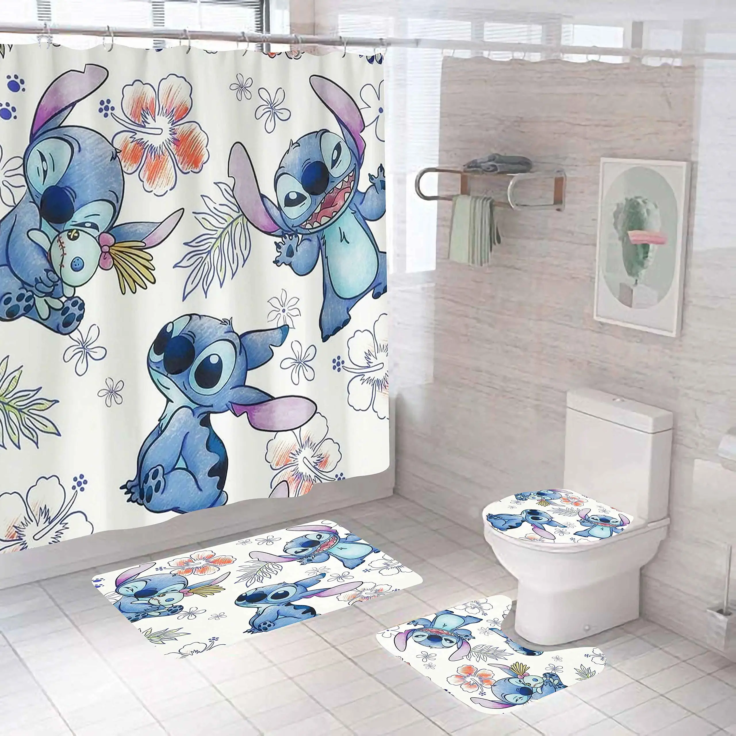 4 Piece Stitch Shower Curtain Set with Non-Slip Rug Toilet Lid Cover Bath Mat and Hooks Waterproof Shower Curtain for Bathroom