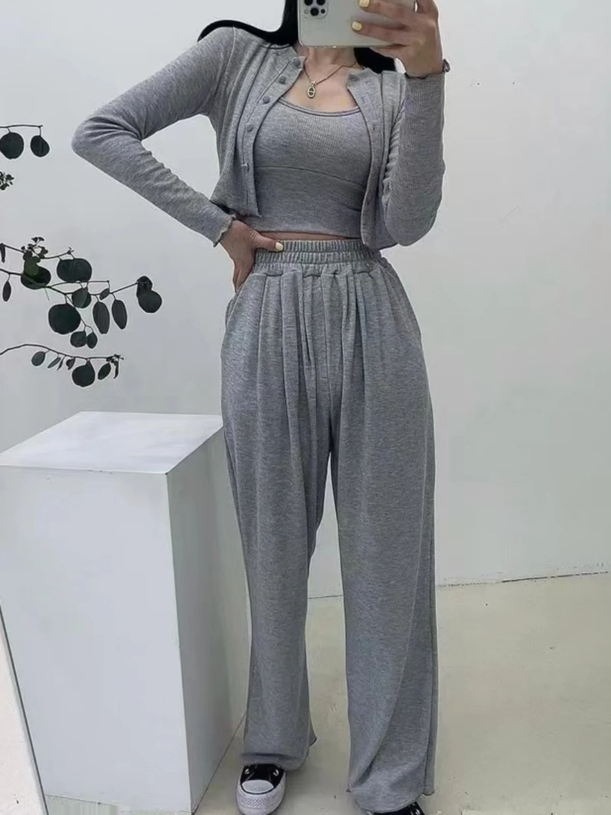Canotta elastica Tead Or Sve e pantaloni a gamba dritta Set da donna Faion Spring Outfit Materiale in cotone Drapey Sle