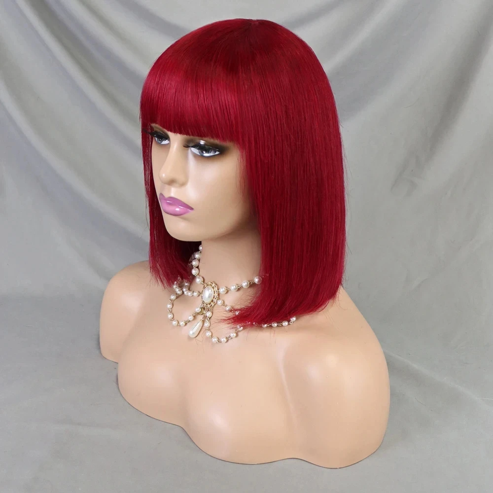 Color Wig 99J Burgundy Red Short Bob Human Hair Wig with Fringe for Women Straight Bob Wigs With Bangs Dark Brown Machine Made