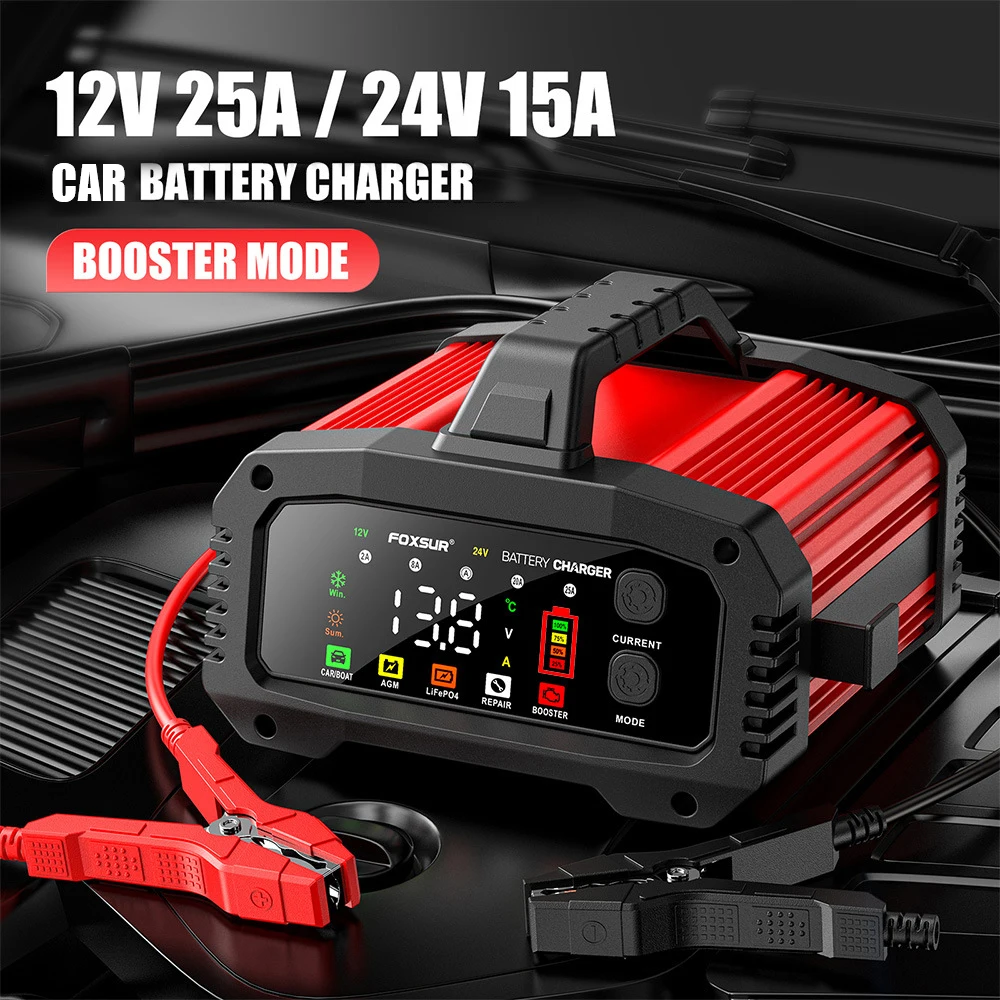 

For 12V-24V Motorcycle Lead Acid AGM GEL LiFePo4 Batteries Car Booster Pulse Repair Portable 25A/15A Smart Car Battery Charger