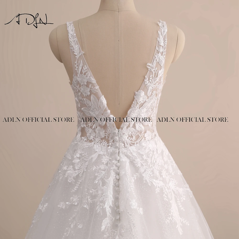 ADLN fotos reales vestidos de novia de encaje personalizado con cuello en V apliques A-line vestidos de novia de talla grande vestido de novia con purpurina personalizado