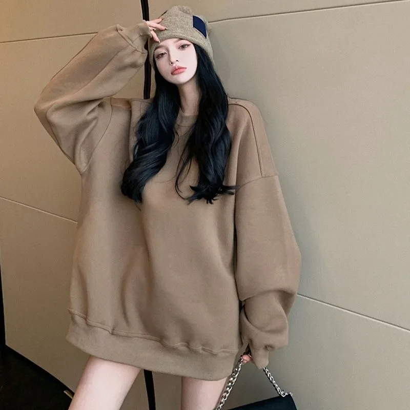 Sense of Advanced Female New Autumn and Winter Models Korean Version Loose Lazy Wind Vintage Coat Comfort Solid Color Simple