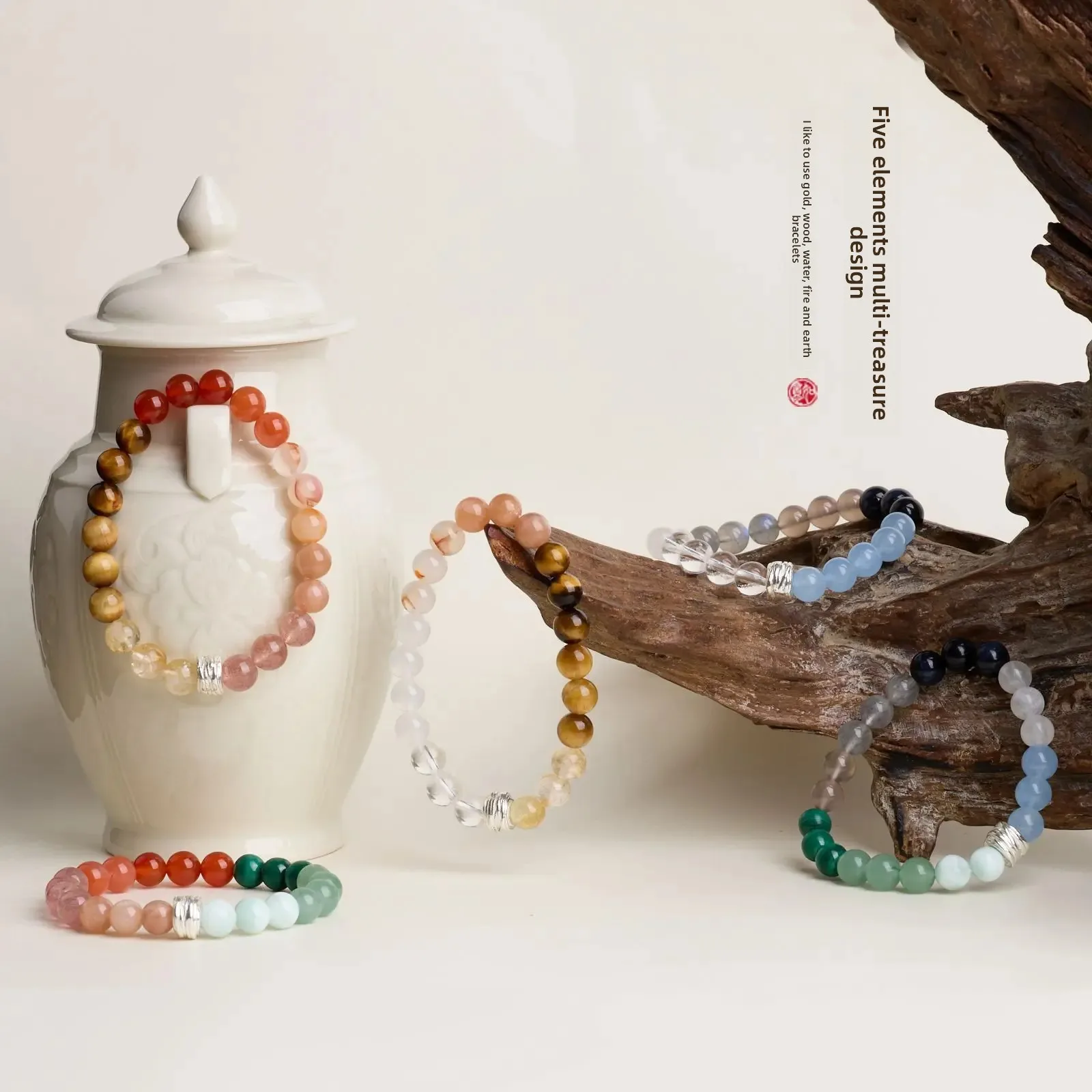 UMQ Five-element Bracelet Balance Design Energy Tibetan Silver Lucky Fortune Gold Wood Water Fire Earth Agate Crystal HandString