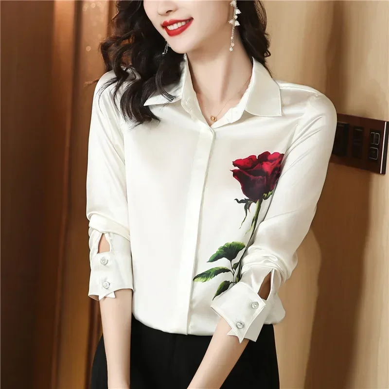 Satin Long Sleeve Women Shirt Summer Roses Floral Korea Fashion Loose Comfortable Lapel Single-breasted Blouse Movafag