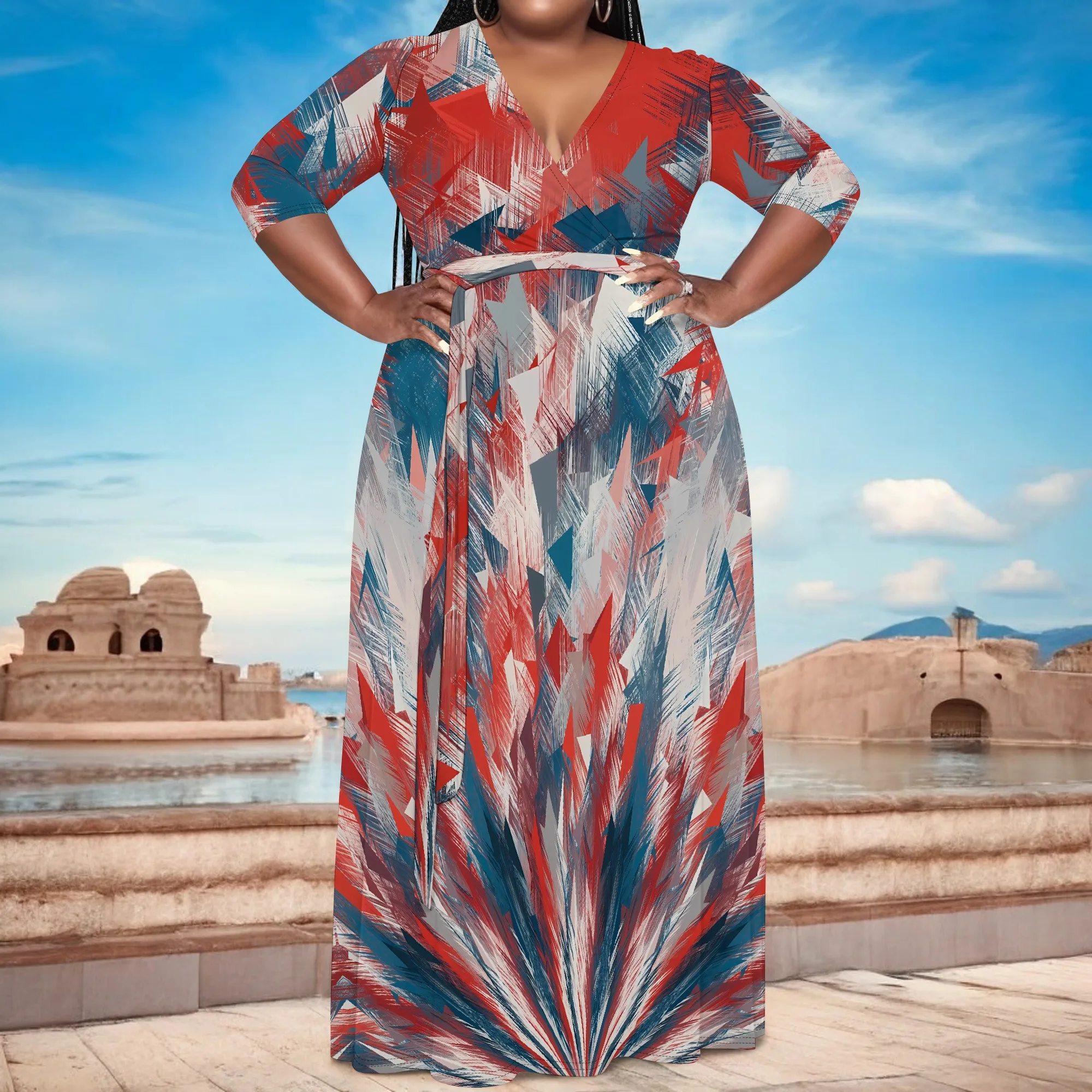 

Nupusa Abstract Print Dress for Women Plus Size Summer Casual V Neck Half Sleeve Belted Maxi Dress