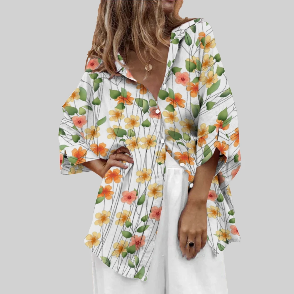 

Orange & Green Flower Print Shirt Blossoming Beauty Blouse Nature's Artwork Wear Natural Lovers Shirts Garden Party Vibes Outfit