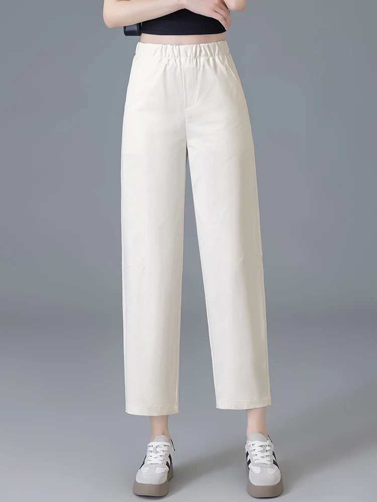 

Повседневные женские брюки-харлан с высокой талией, летние, тонкие, новые, эластичные, свободные, утягивающие, укороченные, из хлопка, дышащие, комфортные