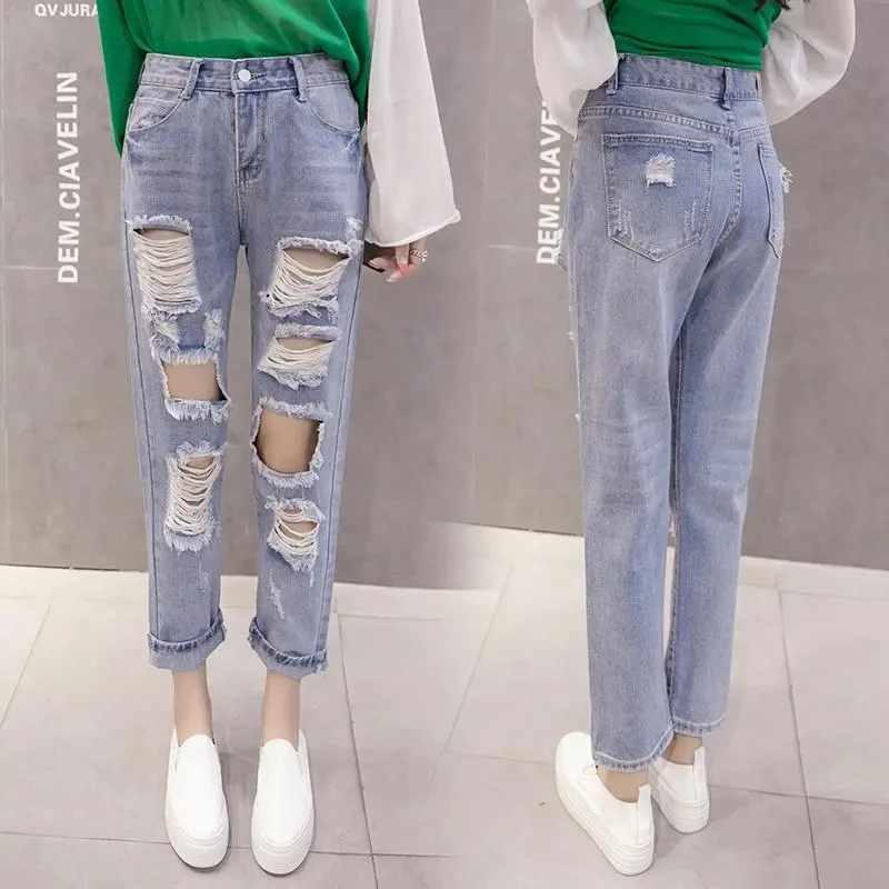 2024 Female High Waisted Hole Wide Legs Denim Pants Ladies Student Loose Straight Cylinder Nine Points Pants Women  Ripped Jeans