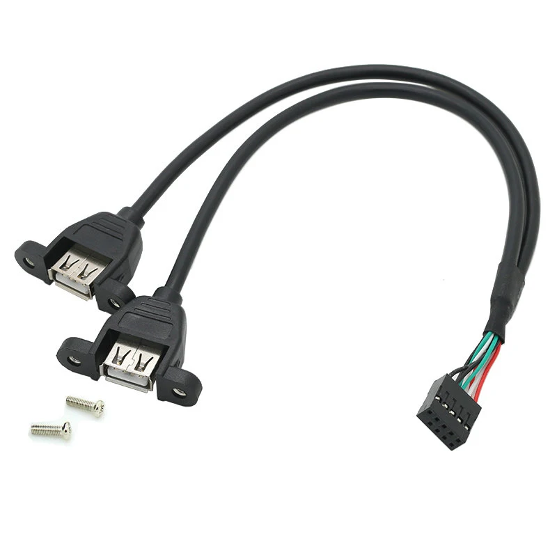 Panel Mount USB 2.0 Splitter Hub Cable - Motherboard USB 9Pin to 2 USB A Female Adapter Cable w/ Screws - 50CM,Black