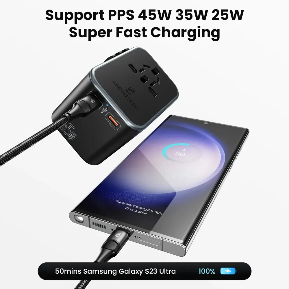 Ładowarka ASOMETECH 65W GaN Adapter podróżny PD PPS Typ C Szybka ładowarka EU AU US UK EU Ładowarka podróżna z wieloma wtyczkami do laptopa iPhone