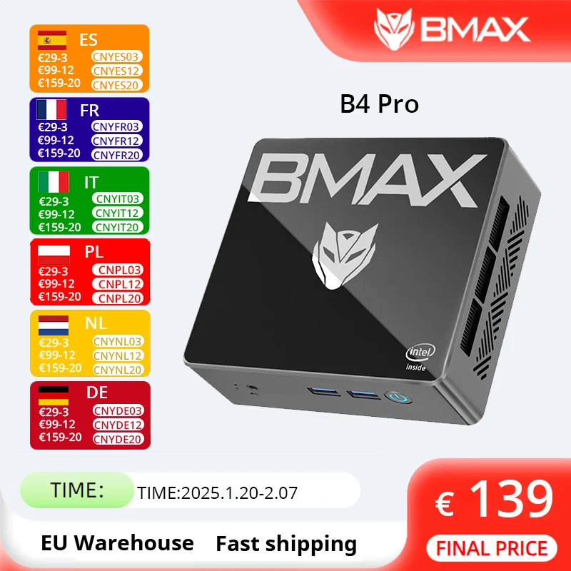 BMAX B4 Pro Mini PC Windows11 PC Intel N97 16GB DDR4 512GB SSD 2*HDMI Ondersteunt 4K@60Hz 1,2GHz
