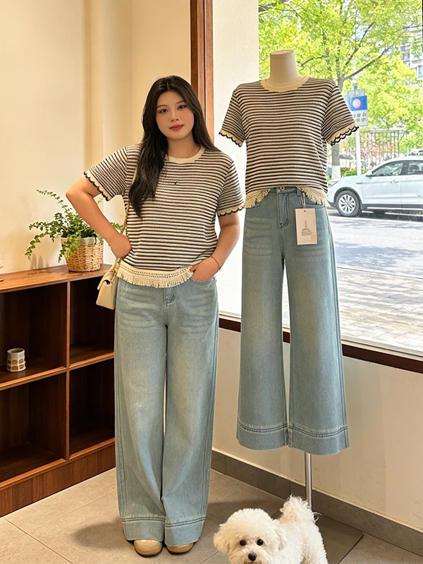

Loose Summer T-Shirt Women's plus Size round Neck Striped Short Sleeve Korean Style Trimmed Casual Fashion Top for Ladies
