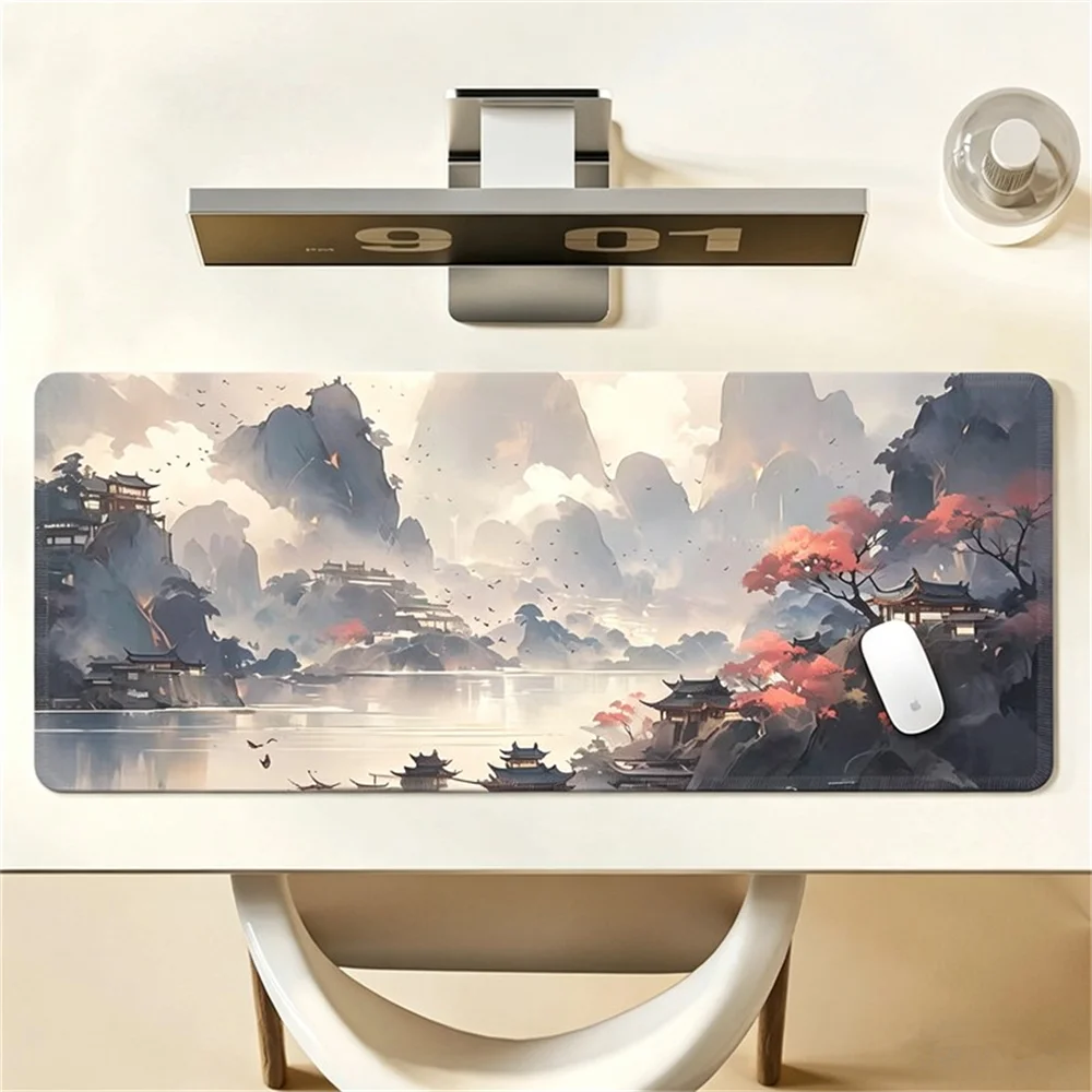 Large Extended Desk Mat, Ink Landscape Illustration Mouse And Keyboard Pad, Non-slip And Durable Rubber Mouse Pad