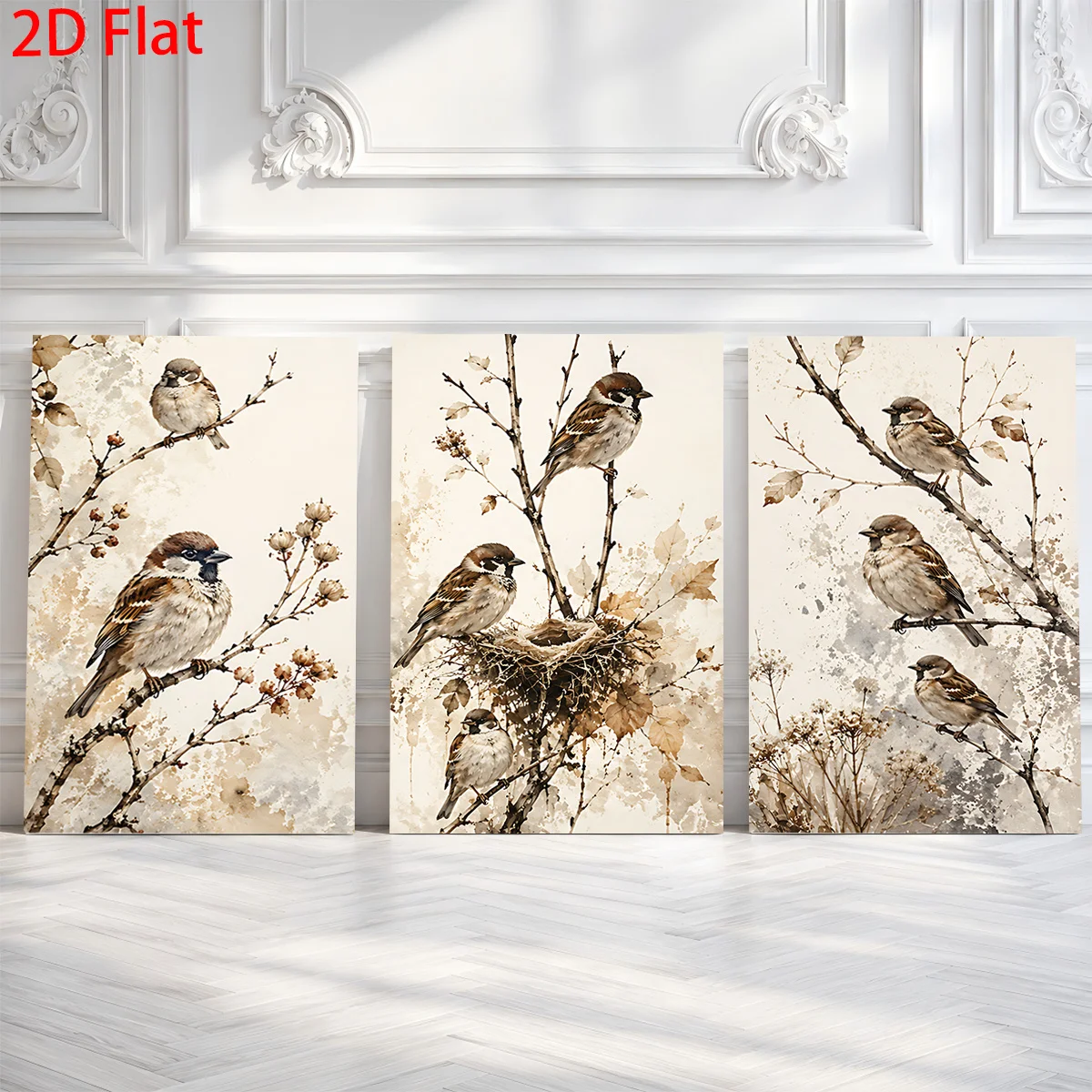 Frameless 3 Pieces 2D Flat- Three canvas paintings with sparrows on branches in beige tones Themed Canvas Wall Art, Waterproo