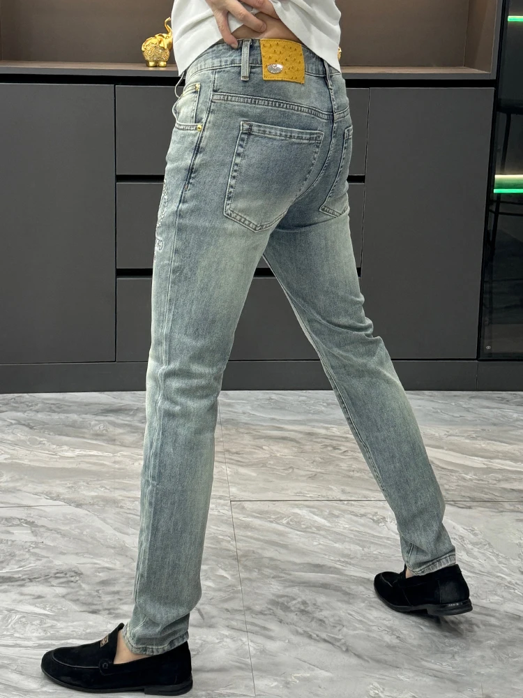 

Fashionable Casual Men's Jeans Slim Fit Printed Pattern Spring Summer Wear Resistant Stretchless Urban Style Metal Decoration