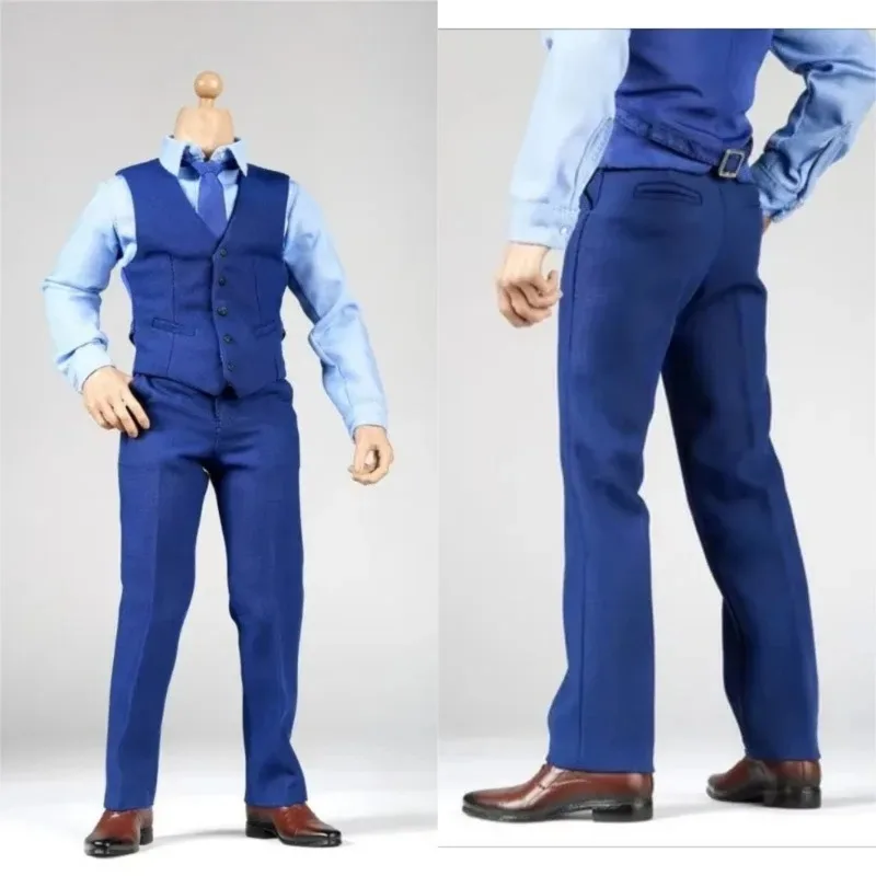 

1/6 Scale Male Shirt Shoes Blue Vest Pants Suit Set Clothes Outfit Model for 12'' Soldier Action Figure Body Toys Accessories