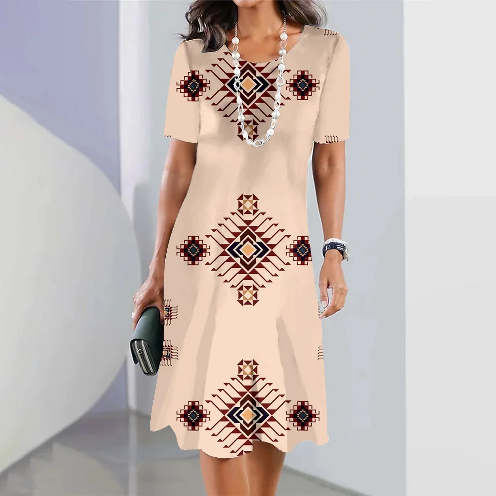 Spring And Summer Colorful Southwestern Tribal Print Short-sleeved Dress Casual Fashion Round Neck Holiday Dress For Women