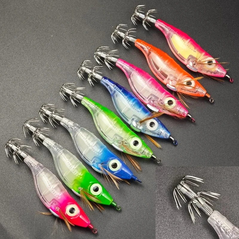 8Pcs 10cm Luminous Horizontal Egi Squid Jigs Glow Wood Shrimp Lures Octopus Cuttlefish Bait Saltwater Fishing Tackle Set gallery 4