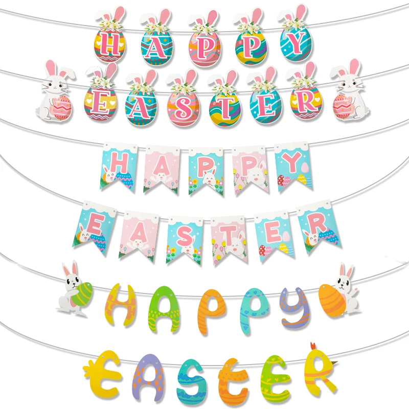 Happy Easter Banner Colorful Bunny Easter Eggs Carrot Banner Garland Signs Spring Themed Easter Day Decorations for home