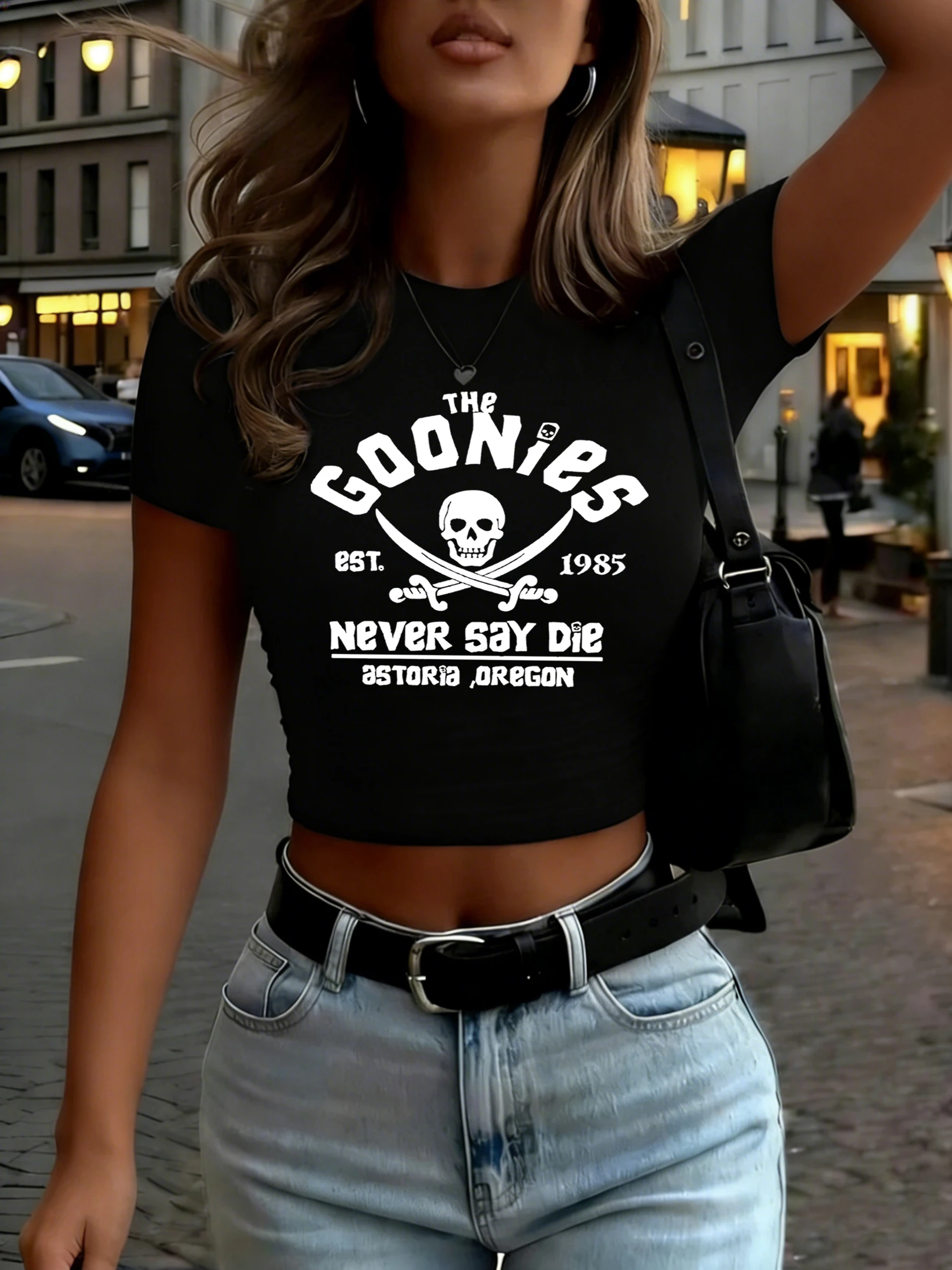 

Distressed Goonies Skull Never Say Die Prints Woman Tee Shirts Yoga Y2K Summer T Shirt Hip Hop Short Sleeve Crewneck Casual Tops