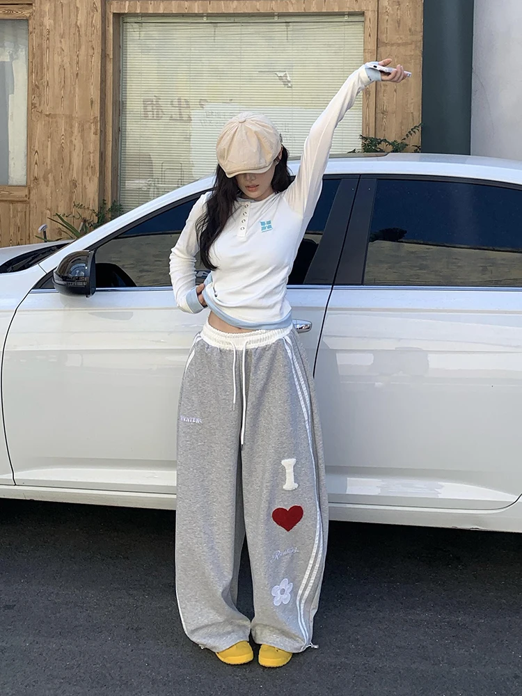 

Love Embroidered Fce Lined Cargo Pants Men Women Autumn Small Size Straight Leg Wide Leg Striped Casual Sports Pants