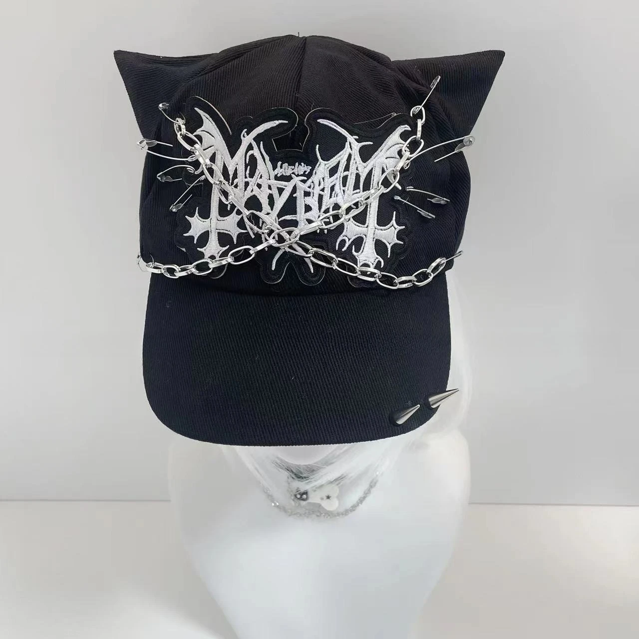 Gothic Punk Cat Ear Cap Black Chain Decor Letter Print Y2K Harajuku Subculture Streetwear Cool Girl Cosplay Hat Streerwear