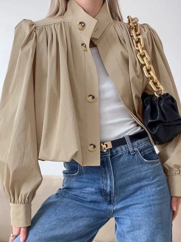 Autumn New Women Khaki Pleated Stand‑Collar Cropped Loose Outerwear Autumn Street Commuter Daily Casual Wear Women's Jacket