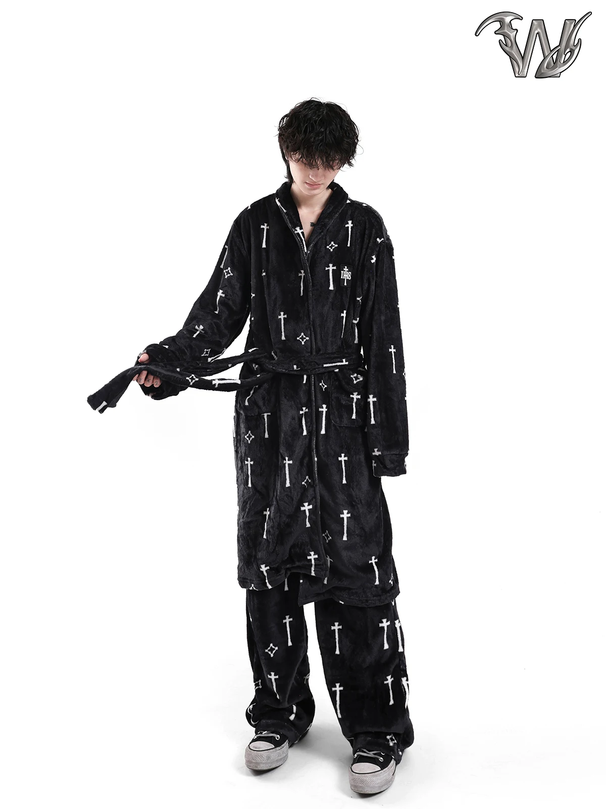 Gothic Style Fluffy Sleepwear Top And Bottoms Set for Men And Women Cross Design Winter Home Clothes Dark Style Optional