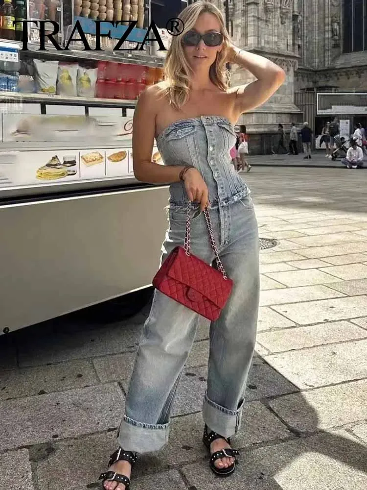 

TRAFZA Women Jumpsuits Female Streetwear Playsuits New Chic Denim Button With Tube Top Vintage Casual Backless Elastic Force