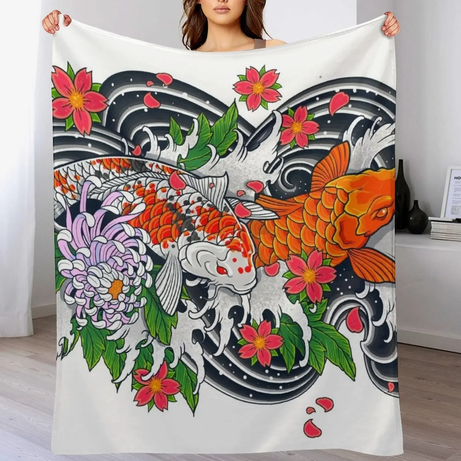 Koi Fish Pond Throw Blanket Warm Cozy Throw Blanket for Living Room Couch