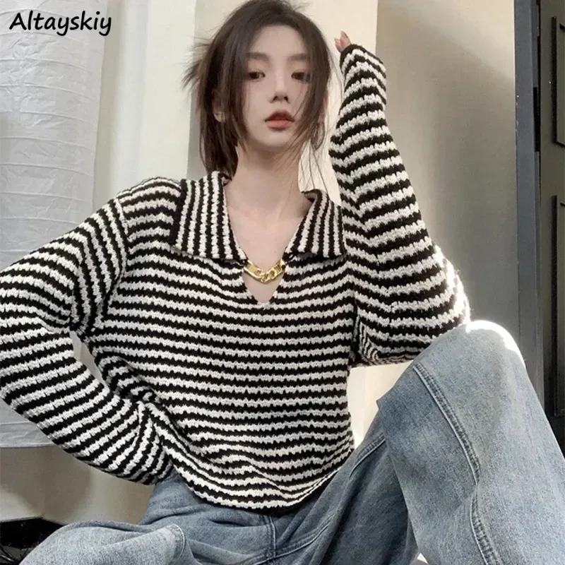 

French Hepburn Style Pullovers Women Tops Autumn Chain Fashion Designs All-match Striped Knitwear Streetwear Ulzzang Chic Y2k