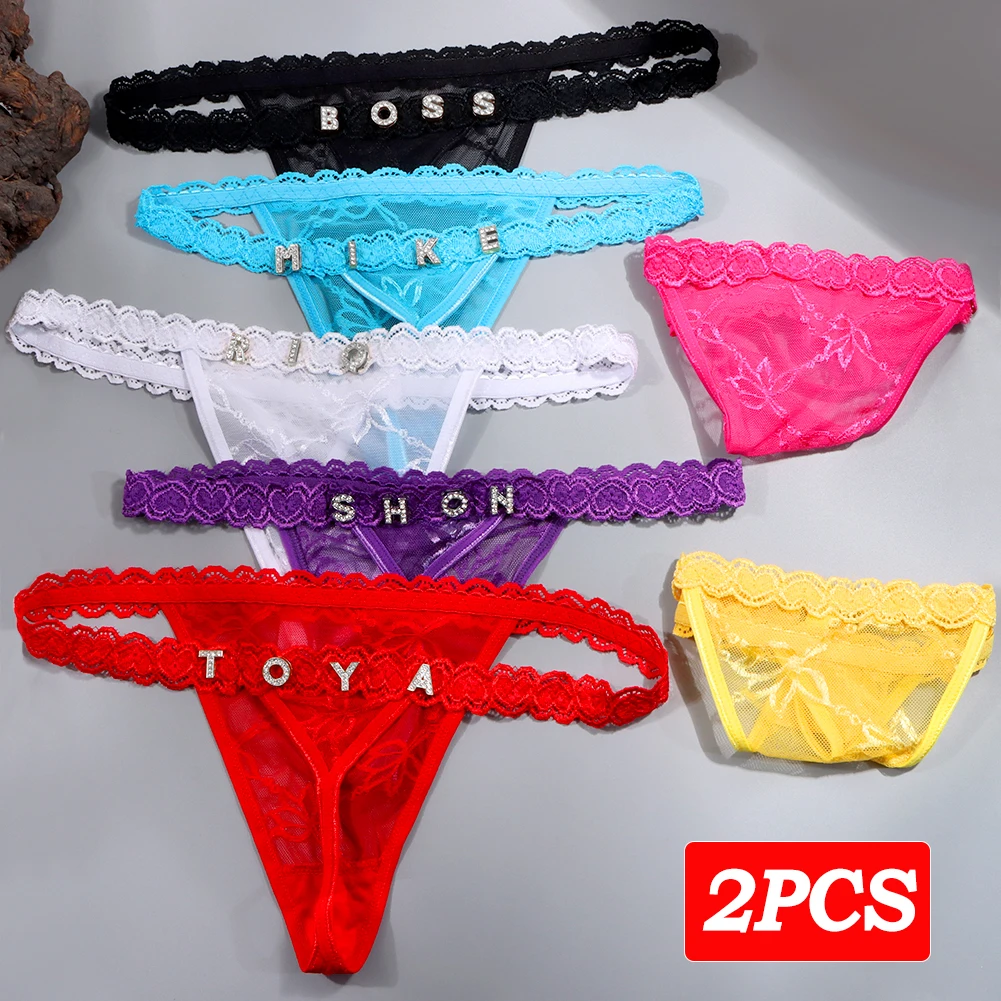 

2PCS/set Customized Crystal Letter Lace Mesh Thong For Women DIY Name G String Bikini Panties Hotwife Body Jewelry Lover Gifts