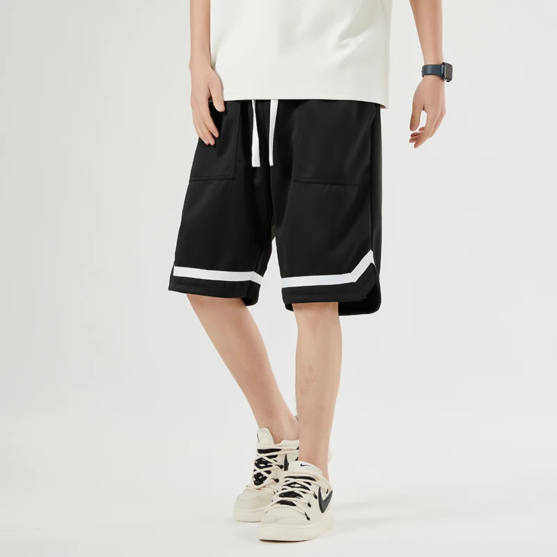 Sports Youthful Vitality Casual Shorts Men\'s Clothing Solid Color Stylish Spliced Summer Straight Basic Drawstring Knee Pants