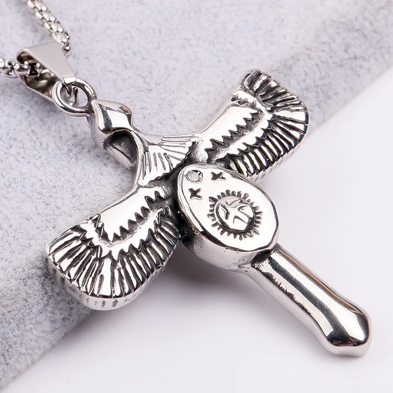 Japanese Eagle Wings Cross Men's Personalized Stainless Steel Pendant Necklace