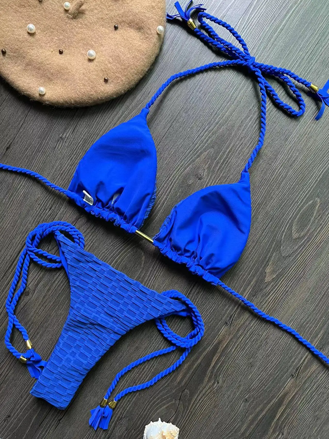 Blue sexy bikini split swimsuit 2-piece women's swimsuit summer beach fringe braided rope strap Bathing Suit