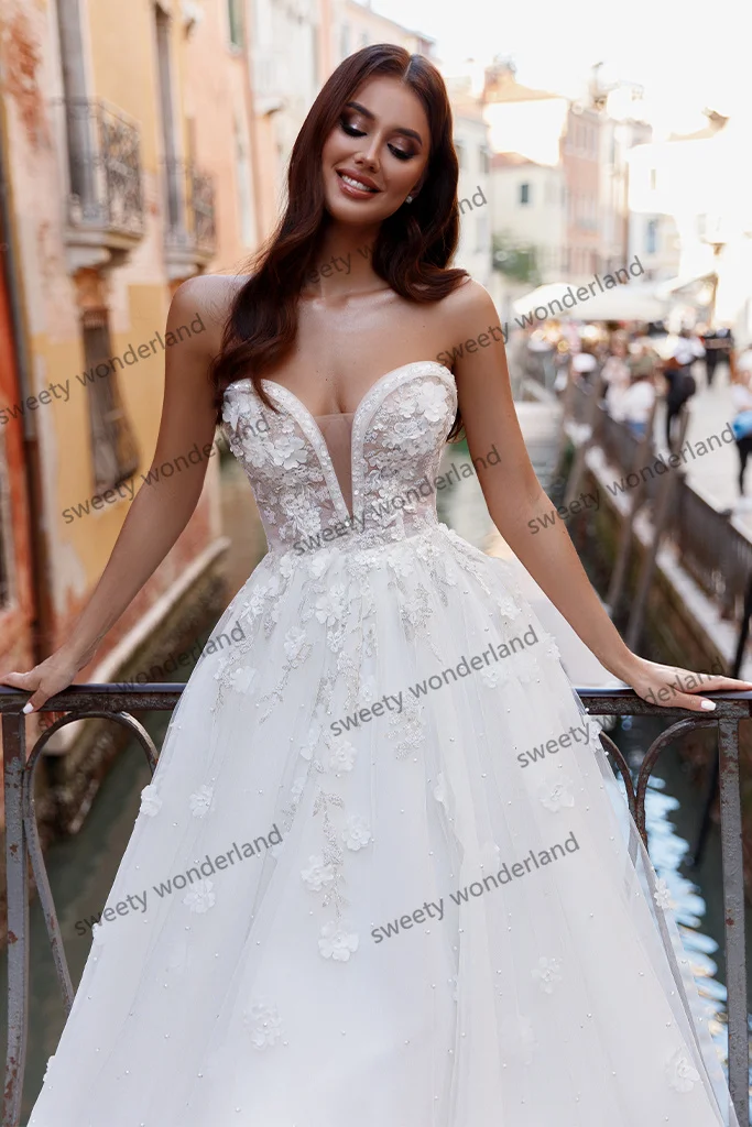 Vestido de novia de princesa con estampado Floral 3D, traje de novia de tul de hada con velo, blanco, escote Corazón, línea A