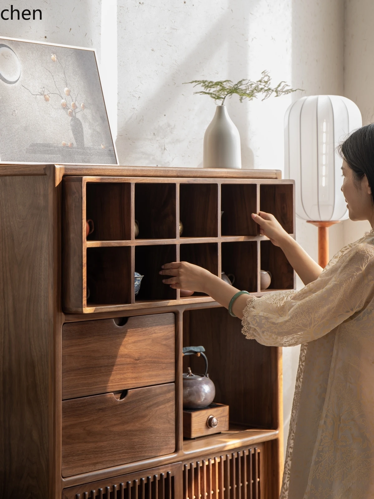 ZMLSolid wood tea set rack display cabinet Duobao Pavilion storage cabinet