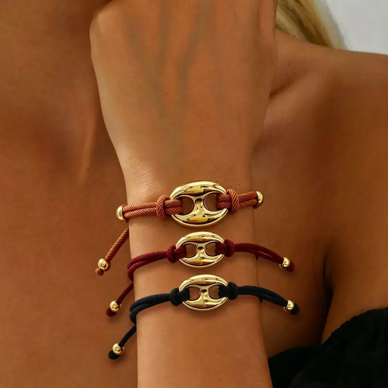 1Pc Polyester Woven Cord Pig Nose Bracelet, Vintage Fashion Geometric Shape Wrist String, Versatile Daily Hand Jewelry