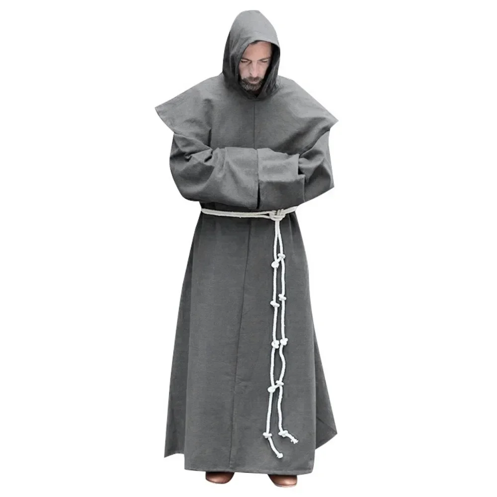 Medieval Monk Cosplay Costume Pastor Father Hooded Robe Catholic Religion Missionary Role Play Cassock Halloween Carnival Party