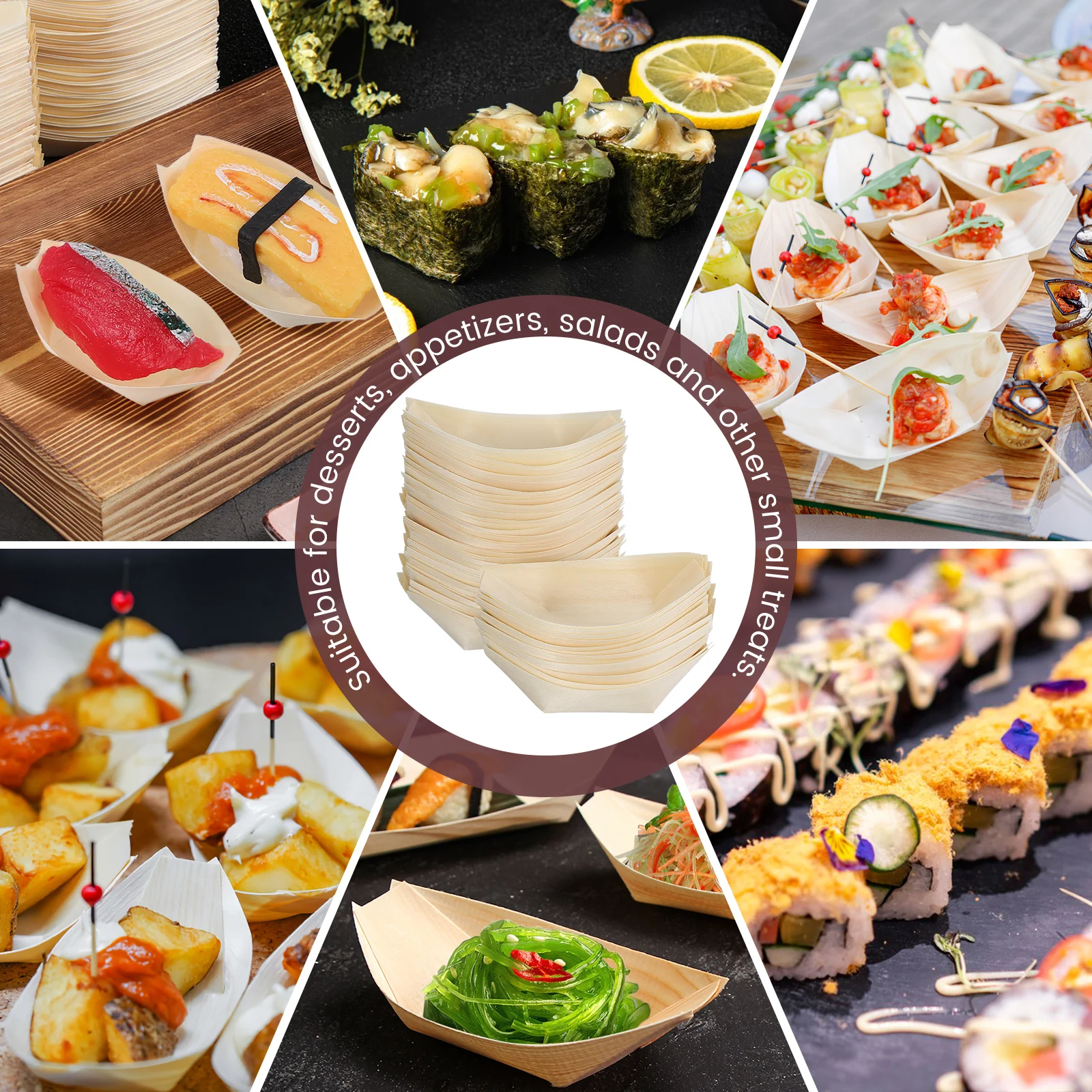 

50Pcs Mini Sushi Wood Boat Disposable Sushi Tray Salad Dessert Bowl Food Containers Snacks Serving Bowls Restaurant kichen tool