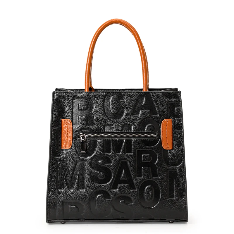 Aidrani Ladies Cowhide Leather Handbag, Letter Embossed Tote Bag, Colorblock Top Handle Shoulder Bag for Work & Dating